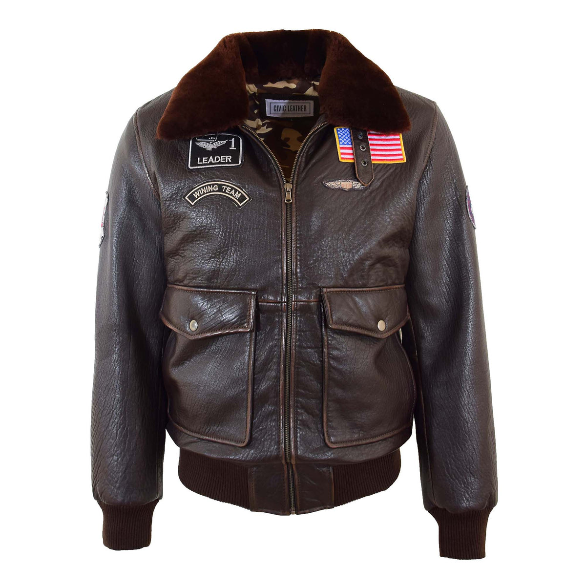 Mens Real Leather G-1 Bomber Jacket Airforce Badges FINCH Brown