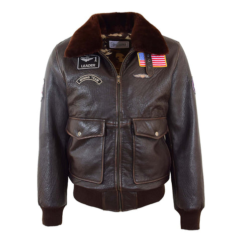 Mens Real Leather G-1 Bomber Jacket Airforce Badges FINCH Brown