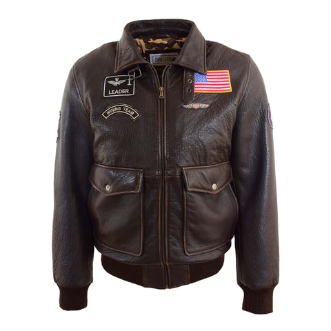 Mens Real Leather G-1 Bomber Jacket Airforce Badges FINCH Brown