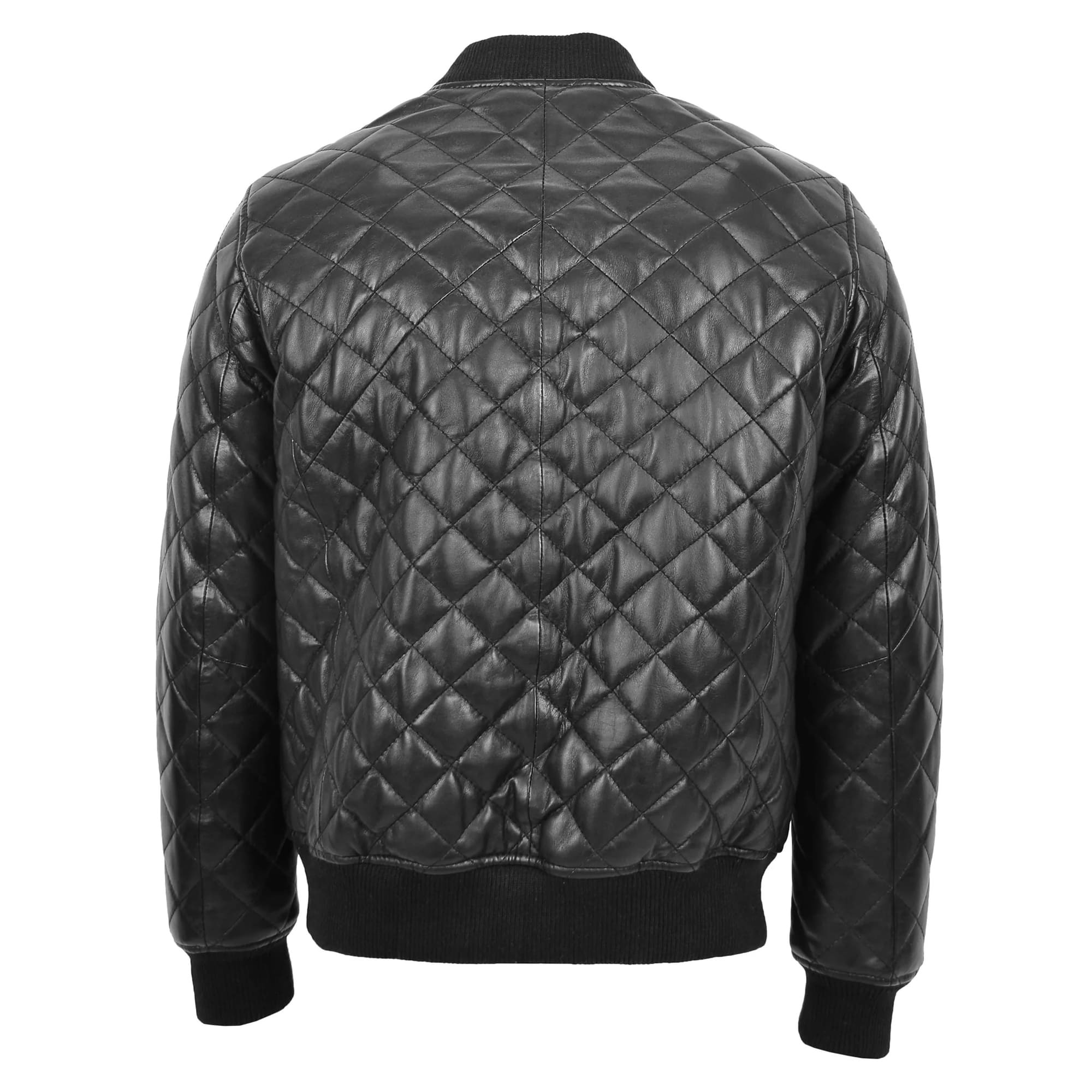 Mens Leather Quilted Bomber Jacket Black