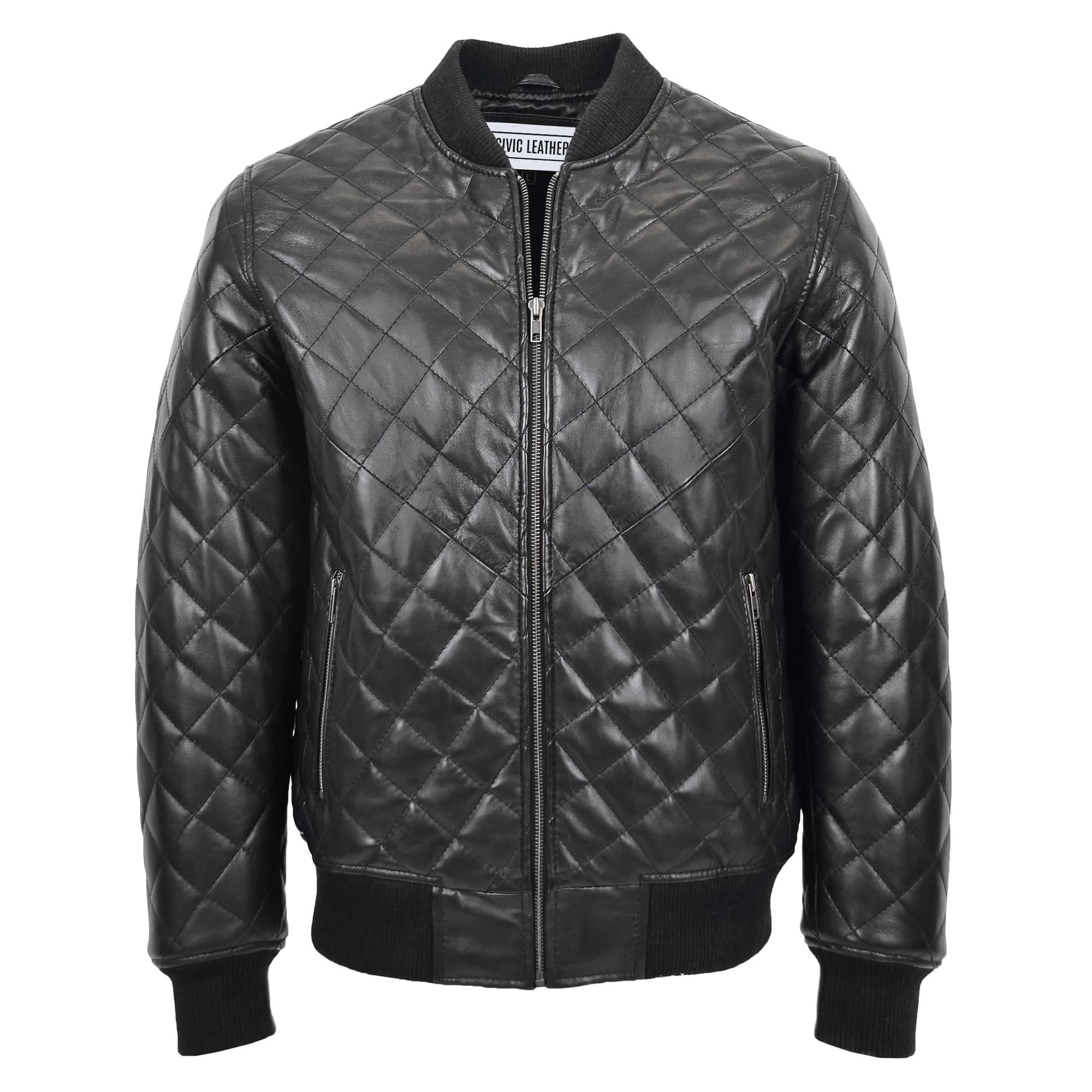 Mens Leather Quilted Bomber Jacket Black