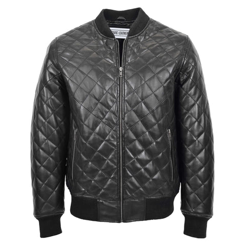 Mens Leather Quilted Bomber Jacket Black