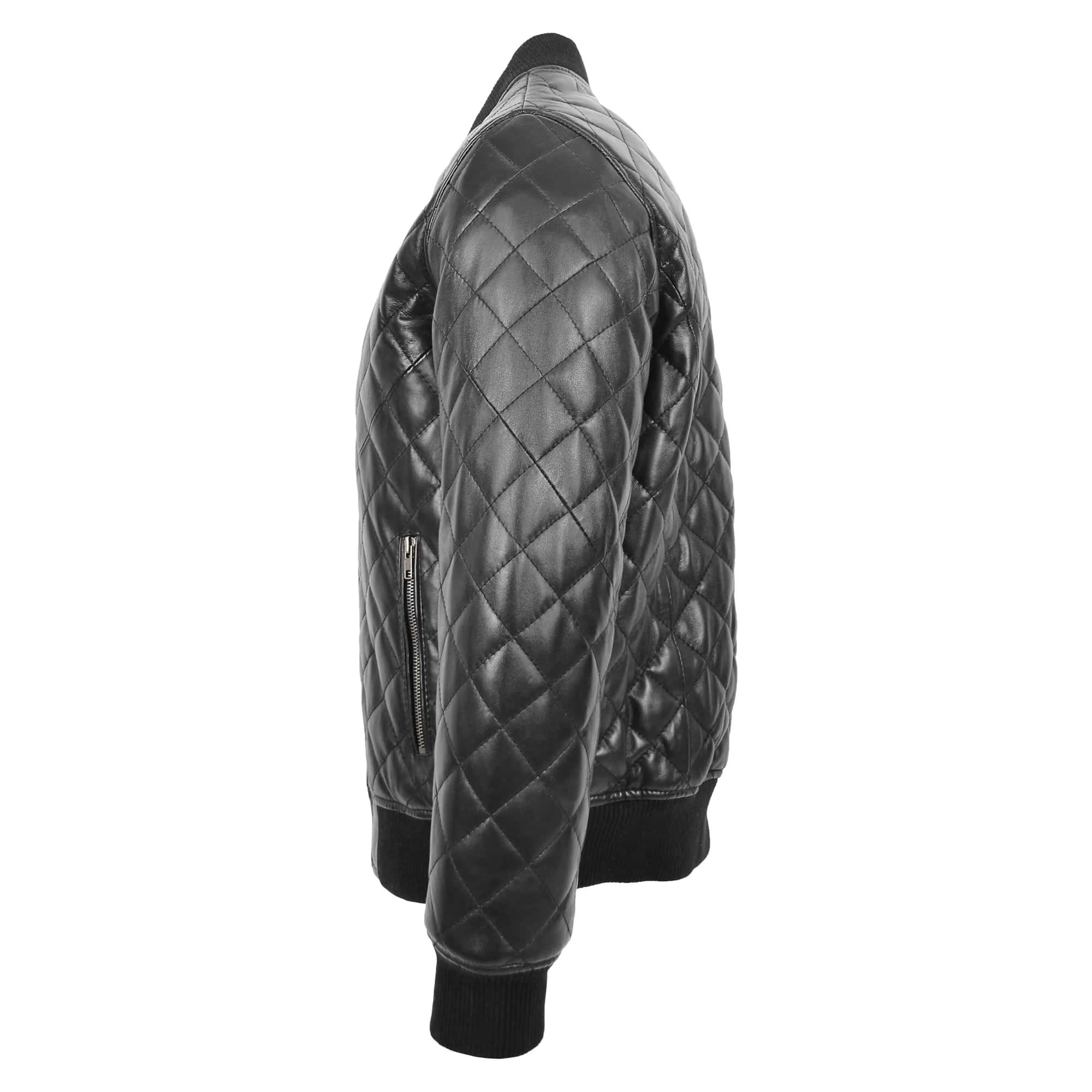 Mens Leather Quilted Bomber Jacket Black