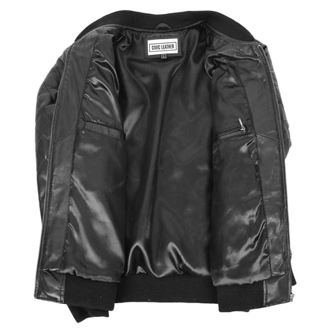 Mens Leather Quilted Bomber Jacket Black