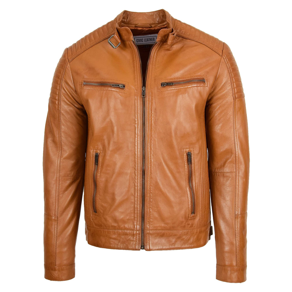 Mens Leather Cafe Racer Biker Jacket Ron Tan