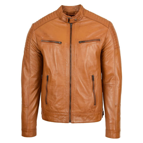 Mens Leather Cafe Racer Biker Jacket Ron Tan