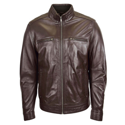 Men's Standing Collar Leather Jacket Tony Brown