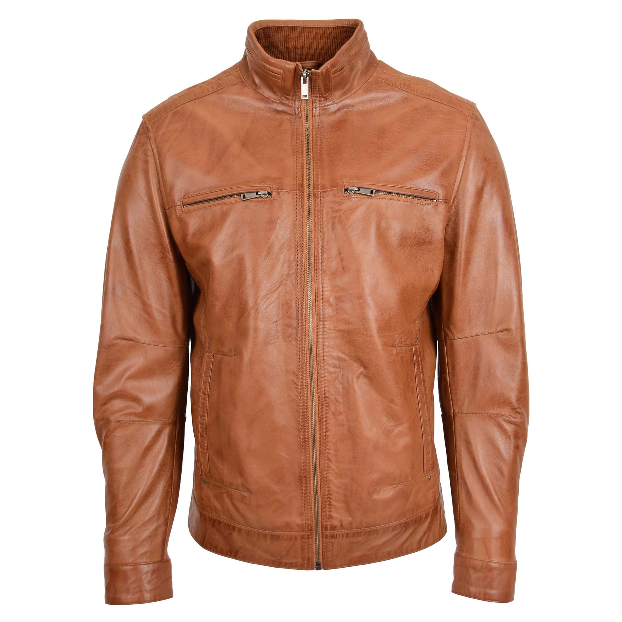 Mens Standing Collar Leather Jacket Tony Tan