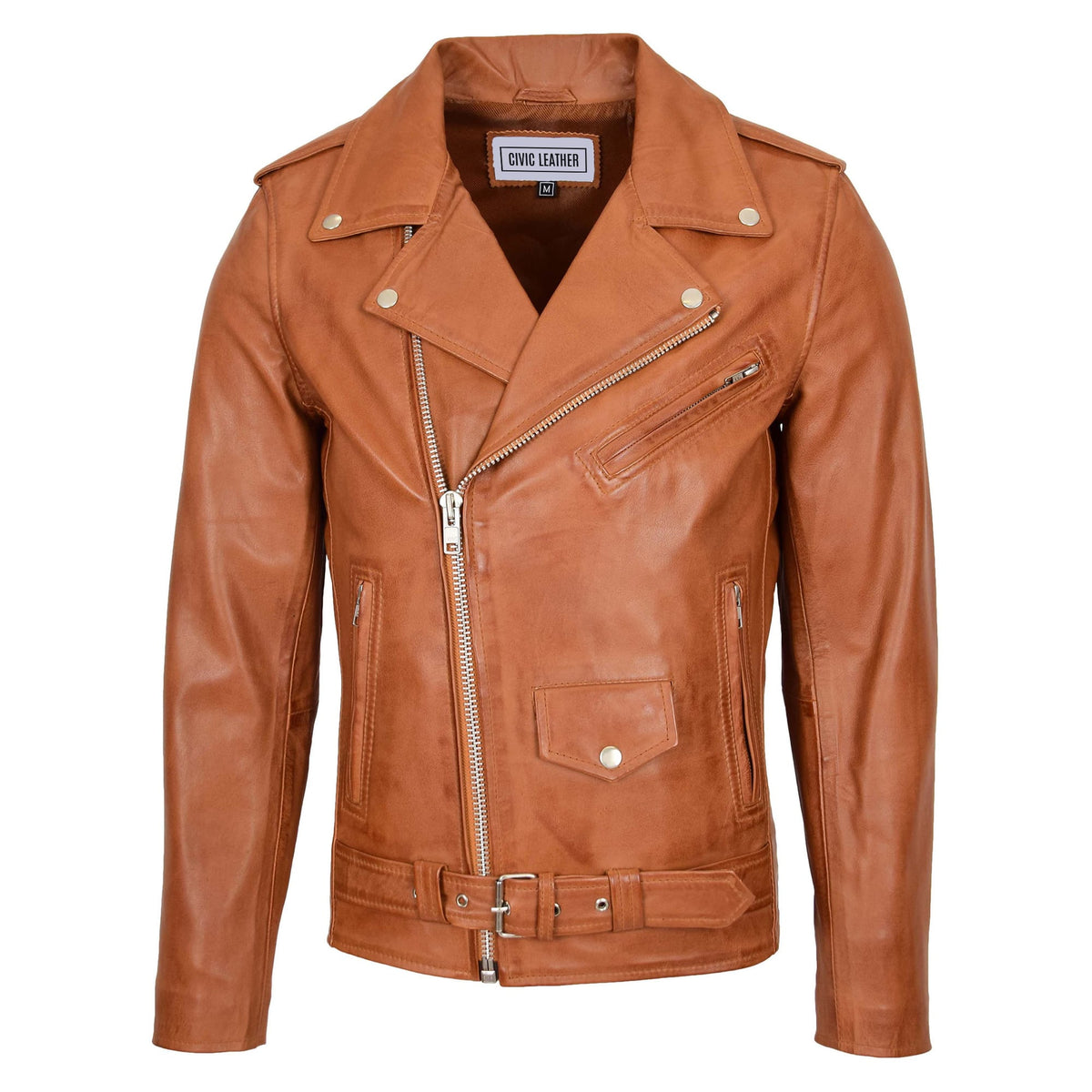 Mens Leather Biker Jacket Brando Style Johnny Tan