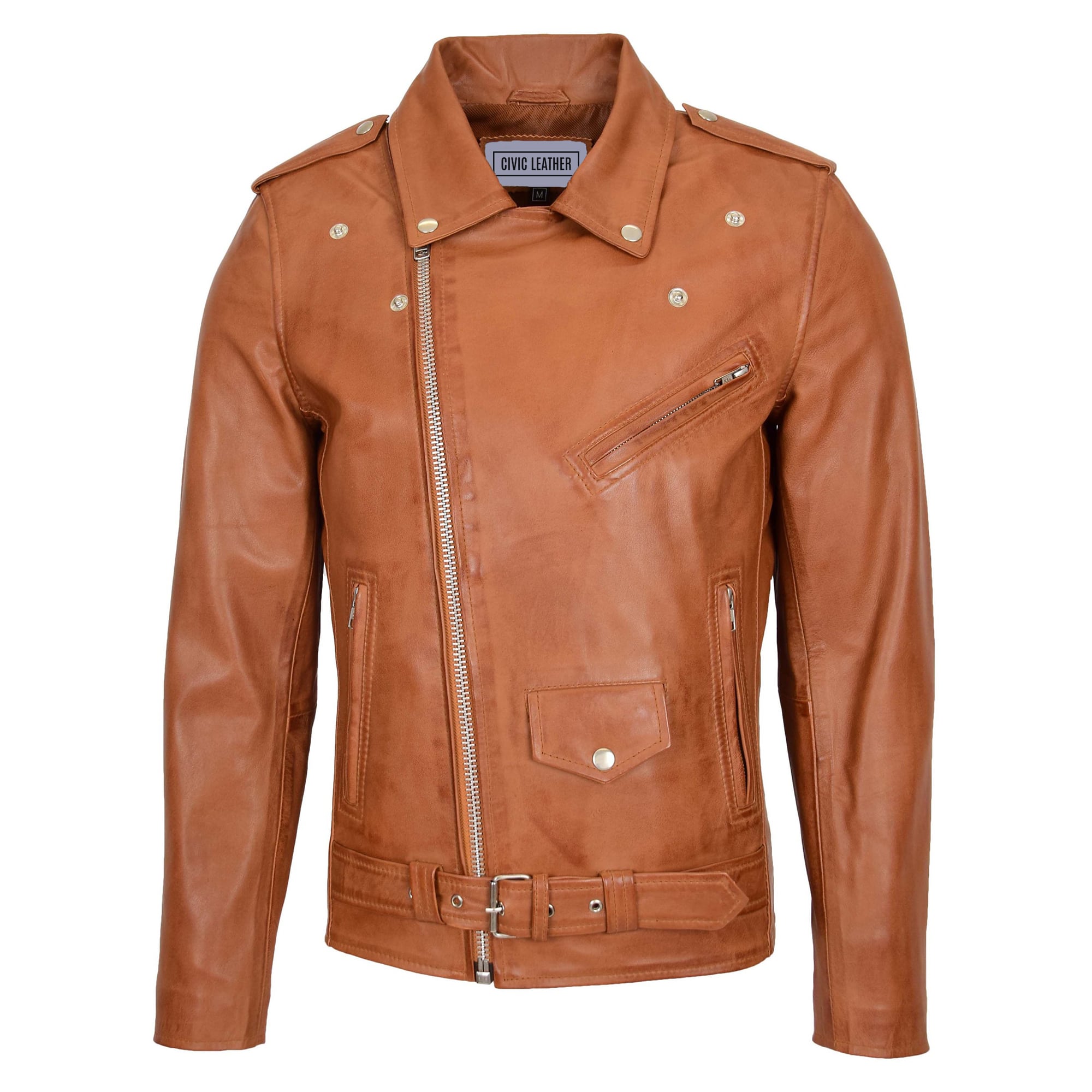 Mens Leather Biker Jacket Brando Style Johnny Tan