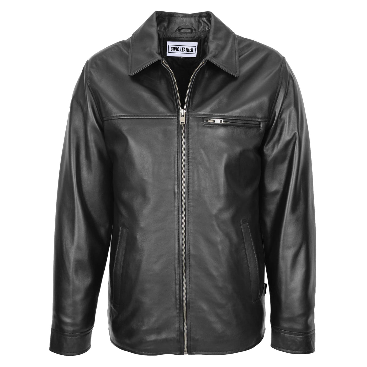 Mens Soft Leather Plain Zip Box Casual Jacket Frank Black