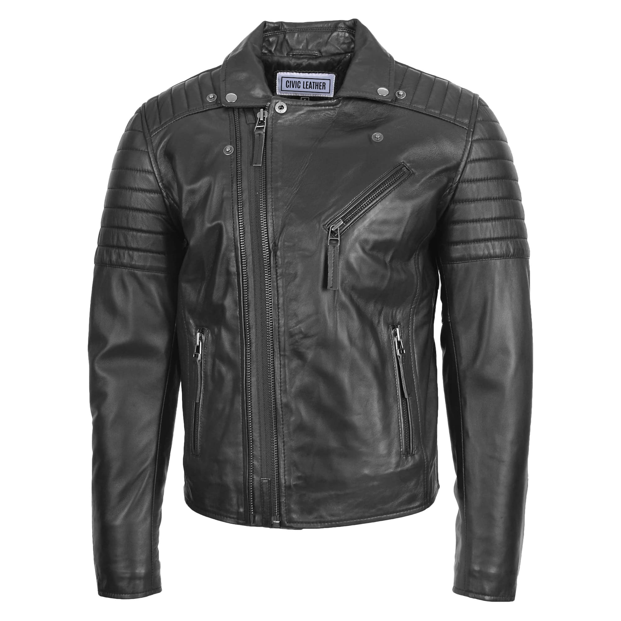 Dual Cross Zip Leather Biker Jacket