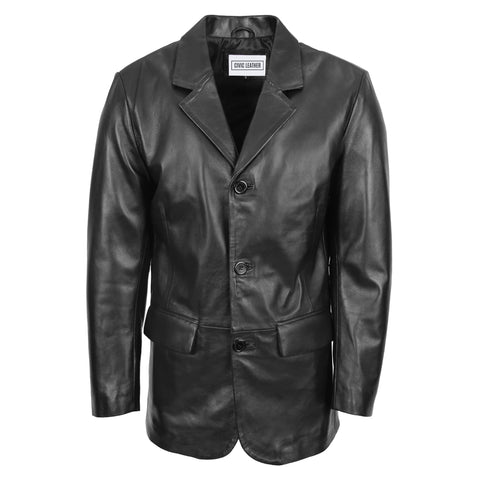 Mens Classic Three Button Soft Leather Blazer Black