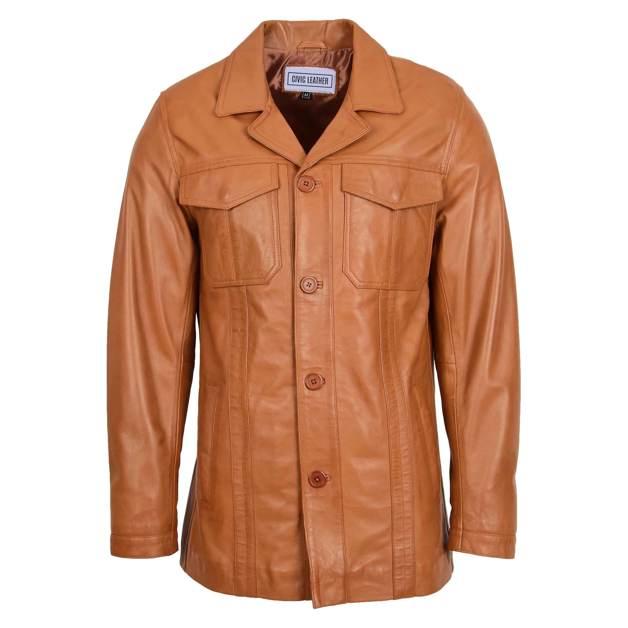 Mens Leather Reefer Jacket Buttoned Blazer Tan