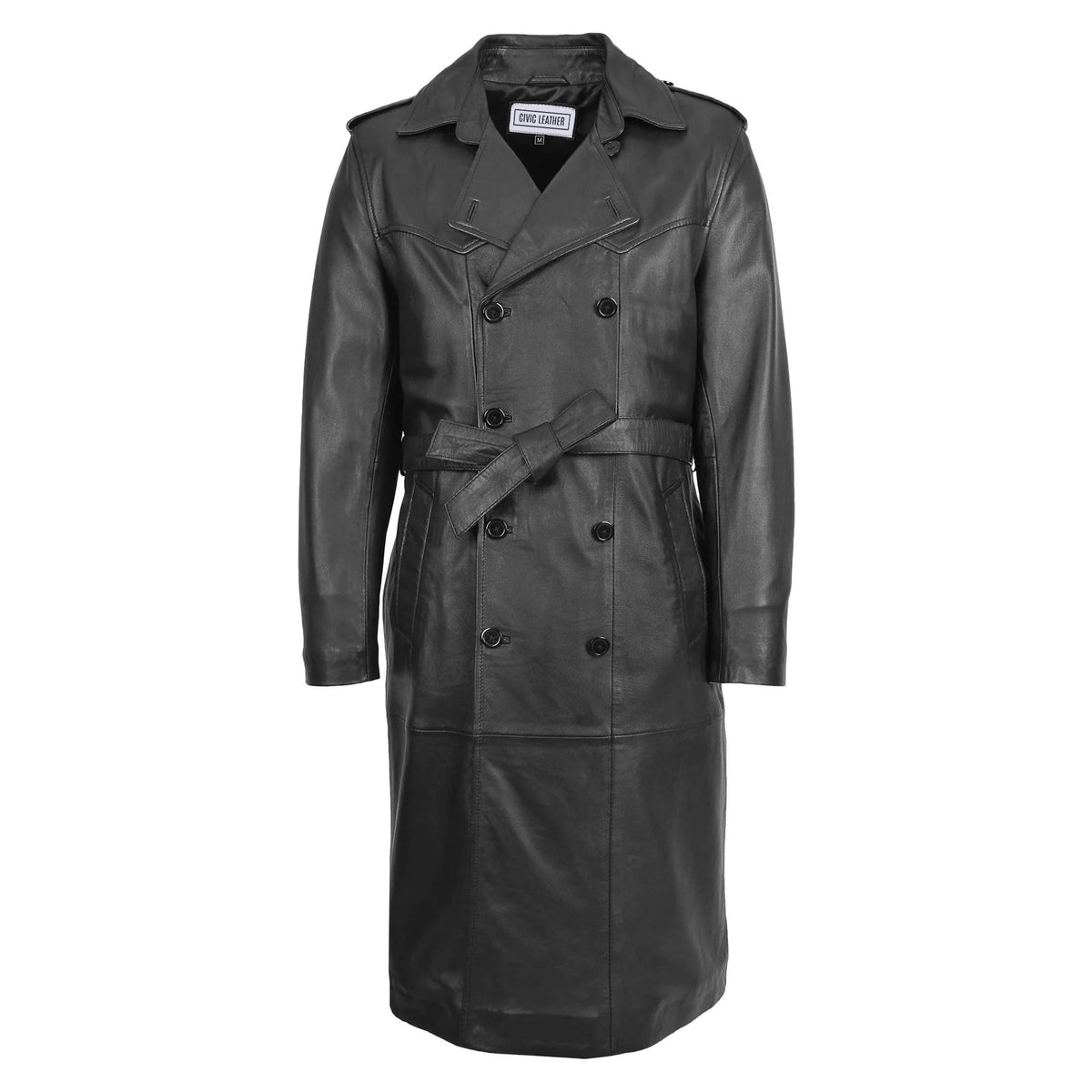 Mens Leather 3/4 Length Coat Double Breasted Black