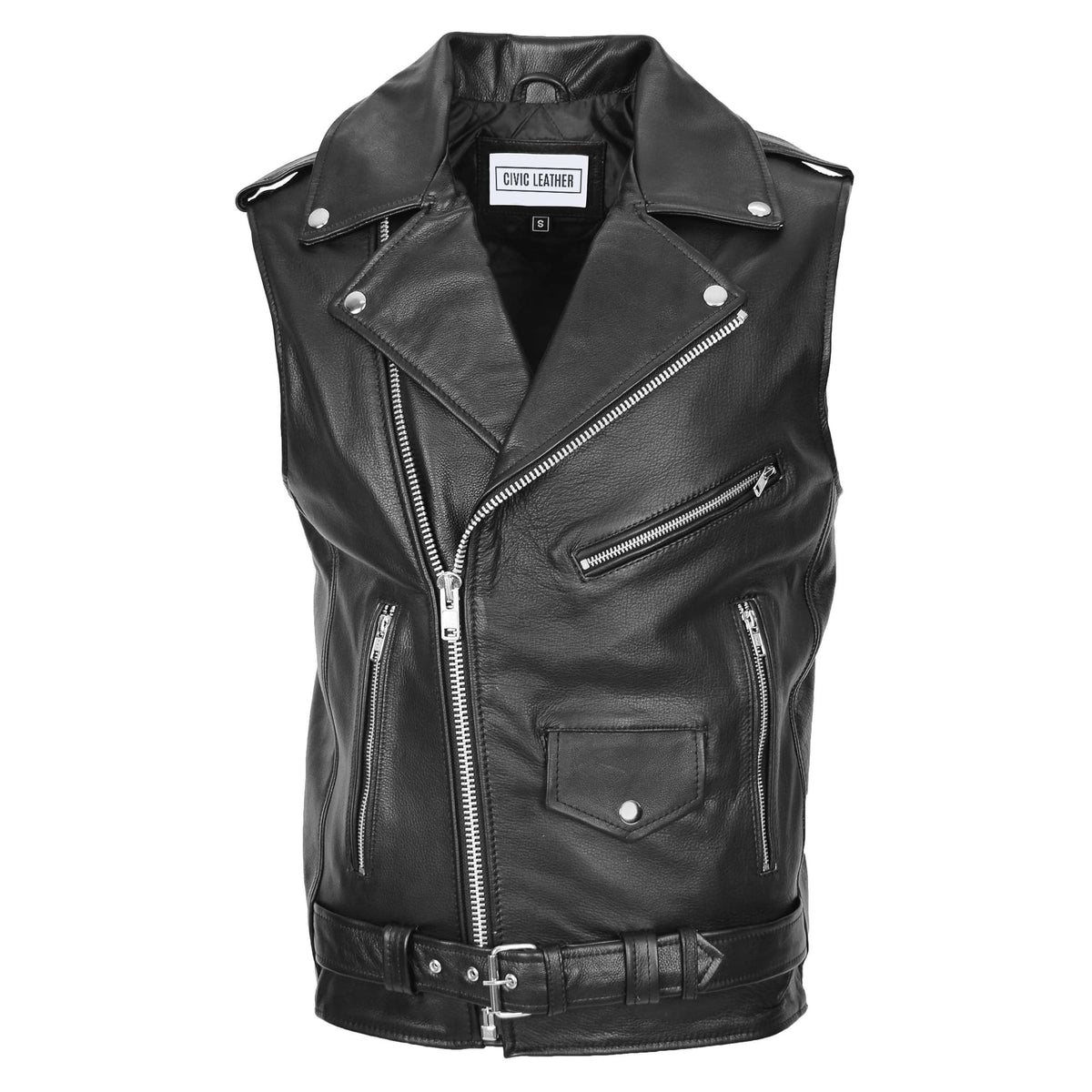 Mens Leather Waistcoat Cross Zip Biker Brando Gilet Jones Black