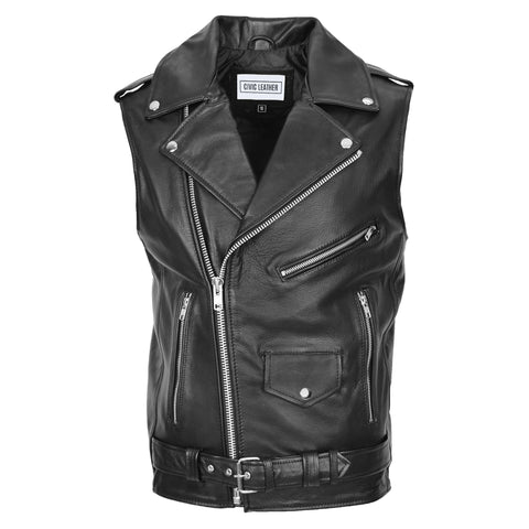 Mens Leather Waistcoat Cross Zip Biker Brando Gilet Jones Black