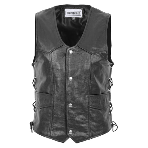 Mens Real Leather Gilet with Side Tassel Feature Jax Black