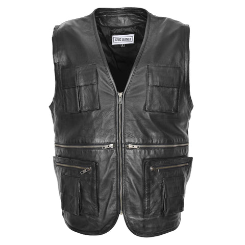 Mens Real Leather Multi-Purpose Waistcoat Gary Black