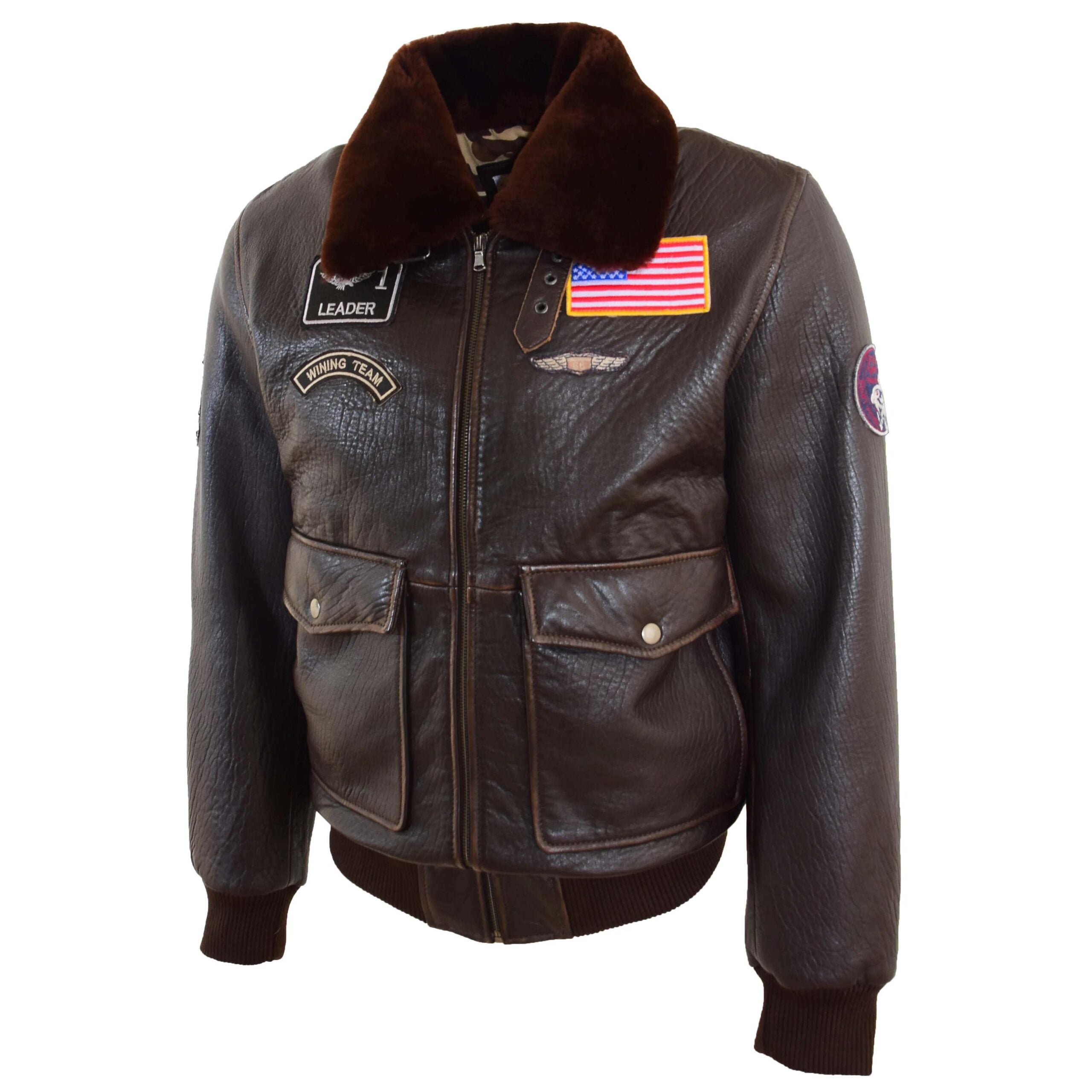 Mens Real Leather G-1 Bomber Jacket Airforce Badges FINCH Brown