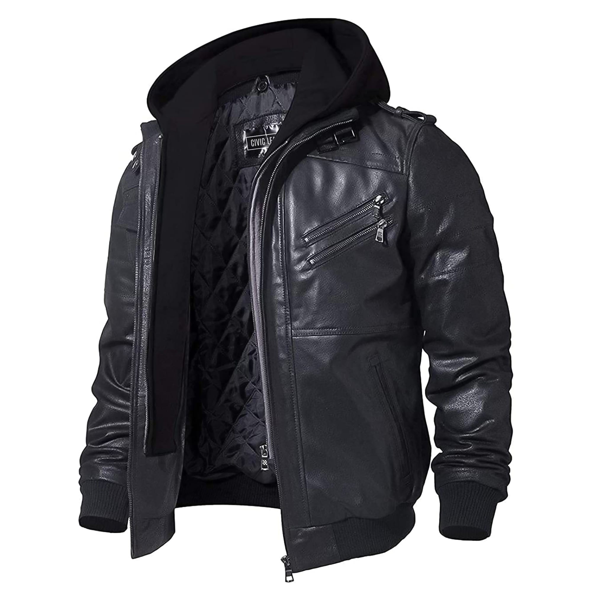 Leather Jacket with Removable Hood