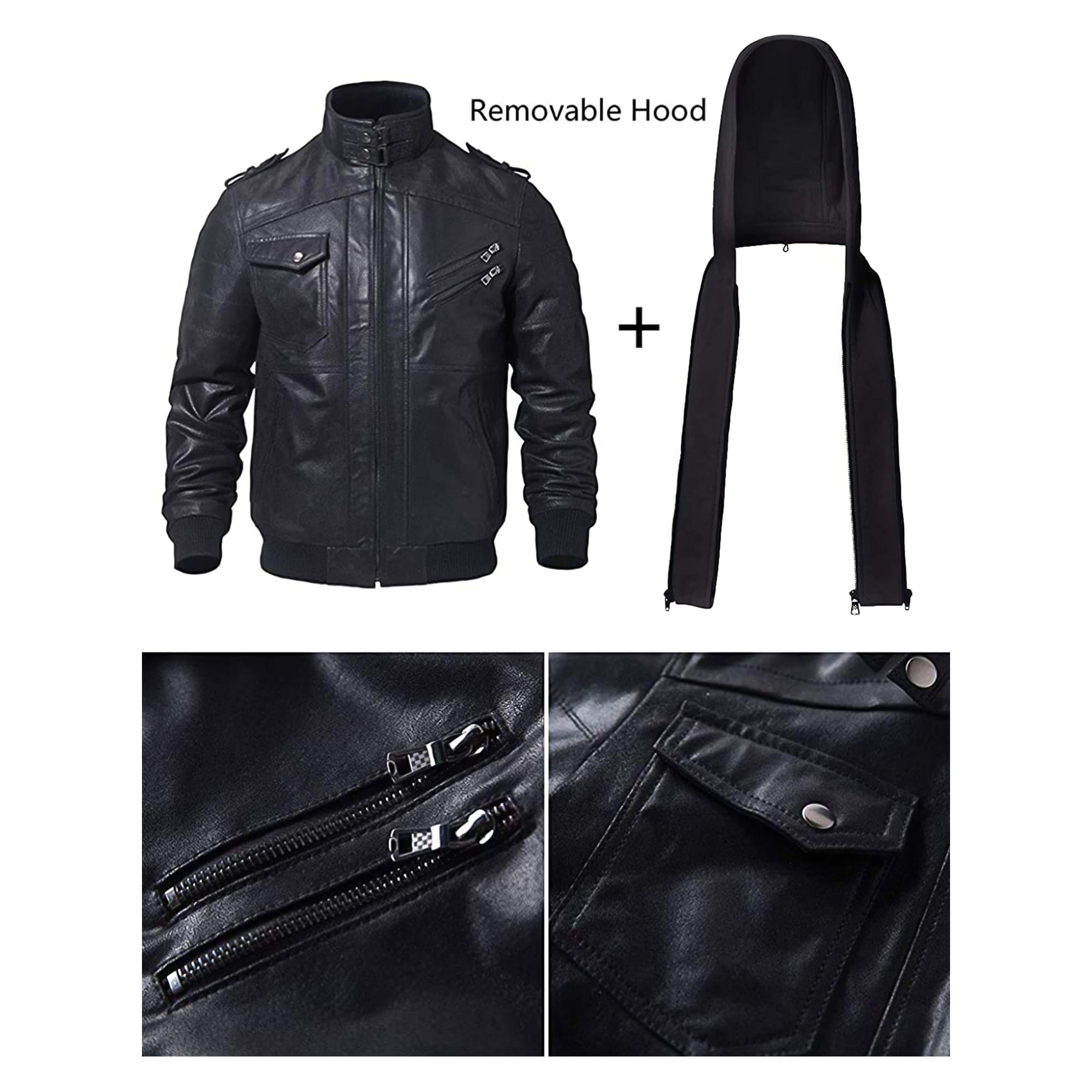 Leather Jacket with Removable Hood