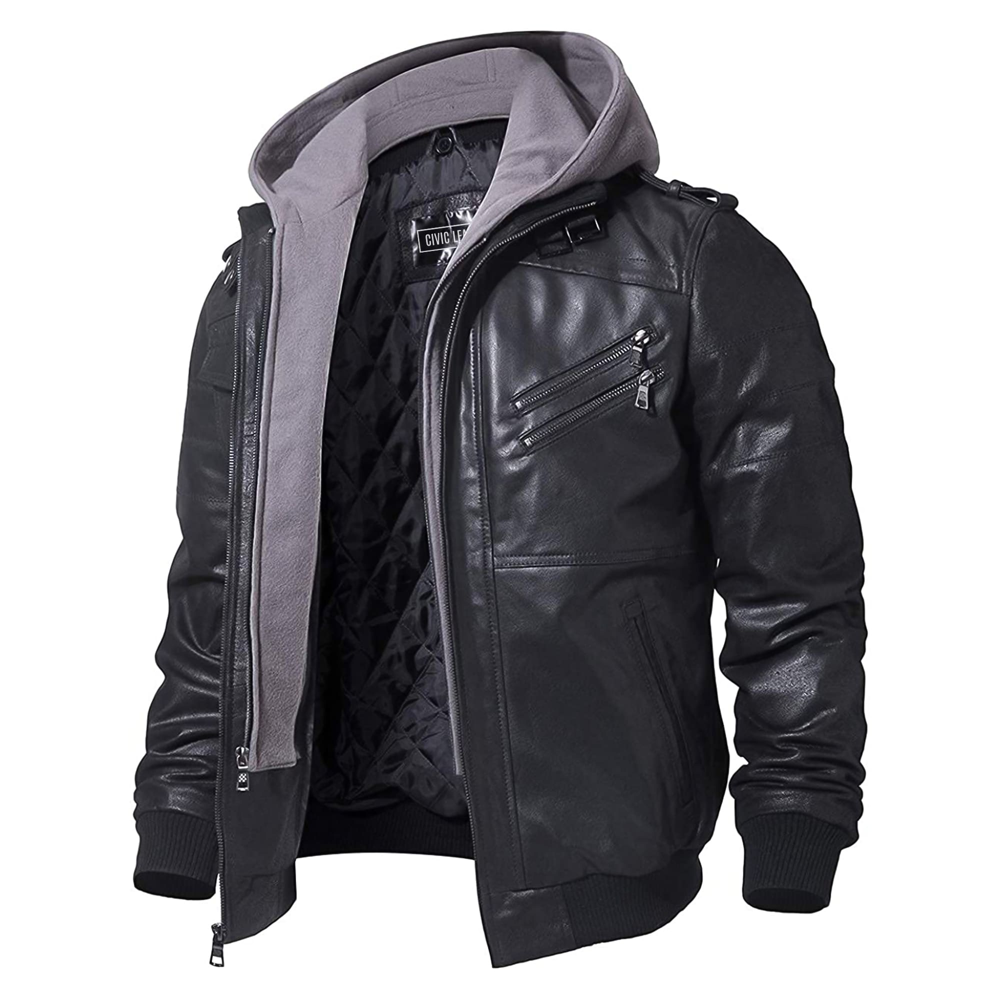 Men's Real Leather Jacket with Removable Hood