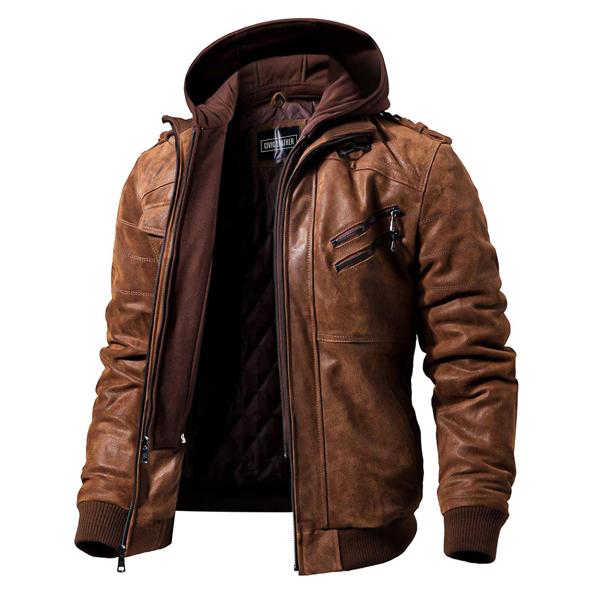 Men's Real Leather Jacket with Removable Hood