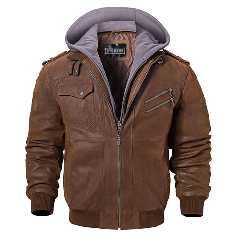 Men's Real Leather Jacket with Removable Hood