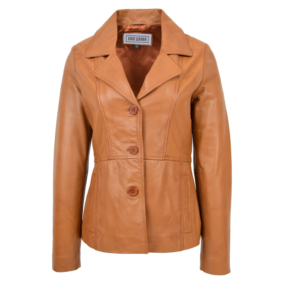 Womens Classic Three Button Leather Blazer Ruth Tan