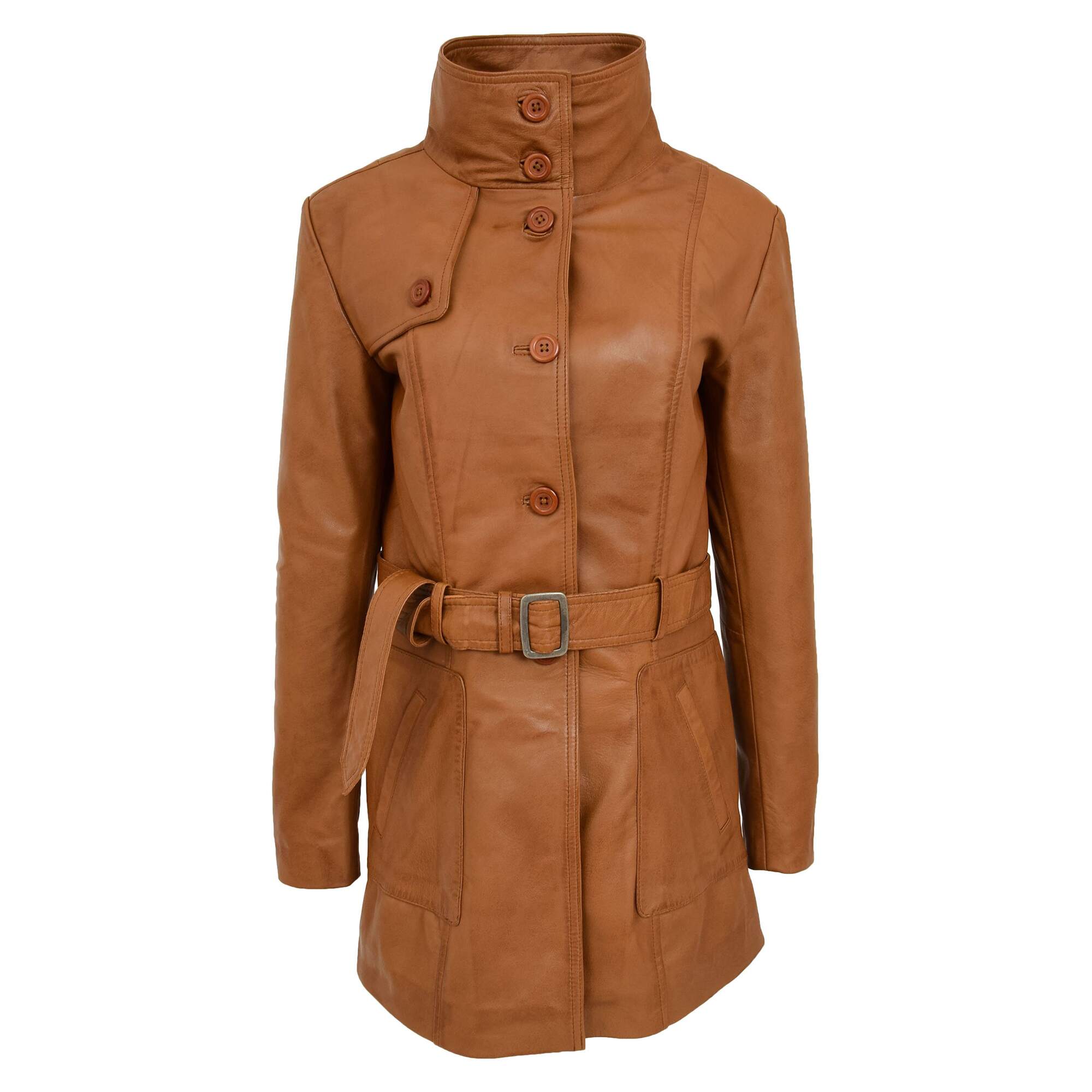 Womens Leather Trench Coat with Belt Shania Tan