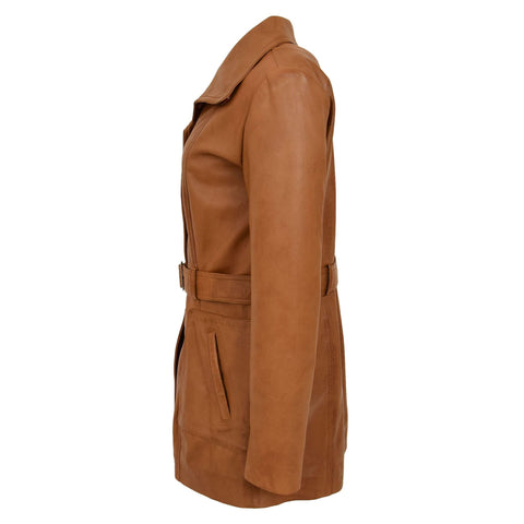 Womens Leather Trench Coat with Belt Shania Tan