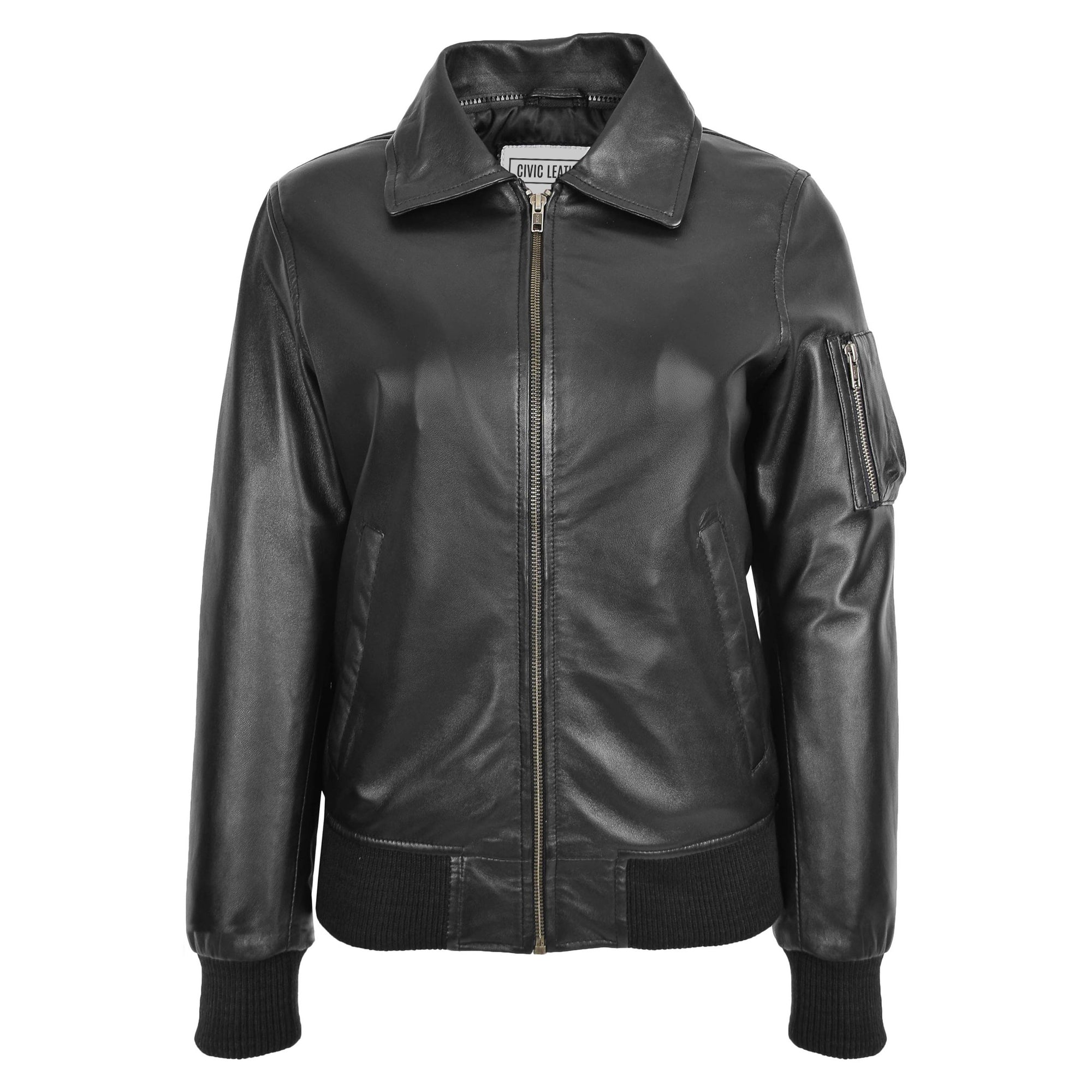 Womens Leather Bomber Jacket Removable Collar Thea Black