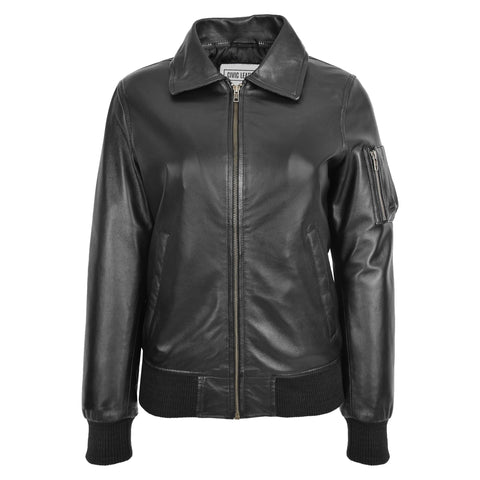 Womens Leather Bomber Jacket Removable Collar Thea Black