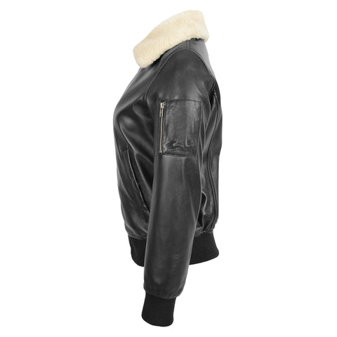 Womens Leather Bomber Jacket Removable Collar Thea Black