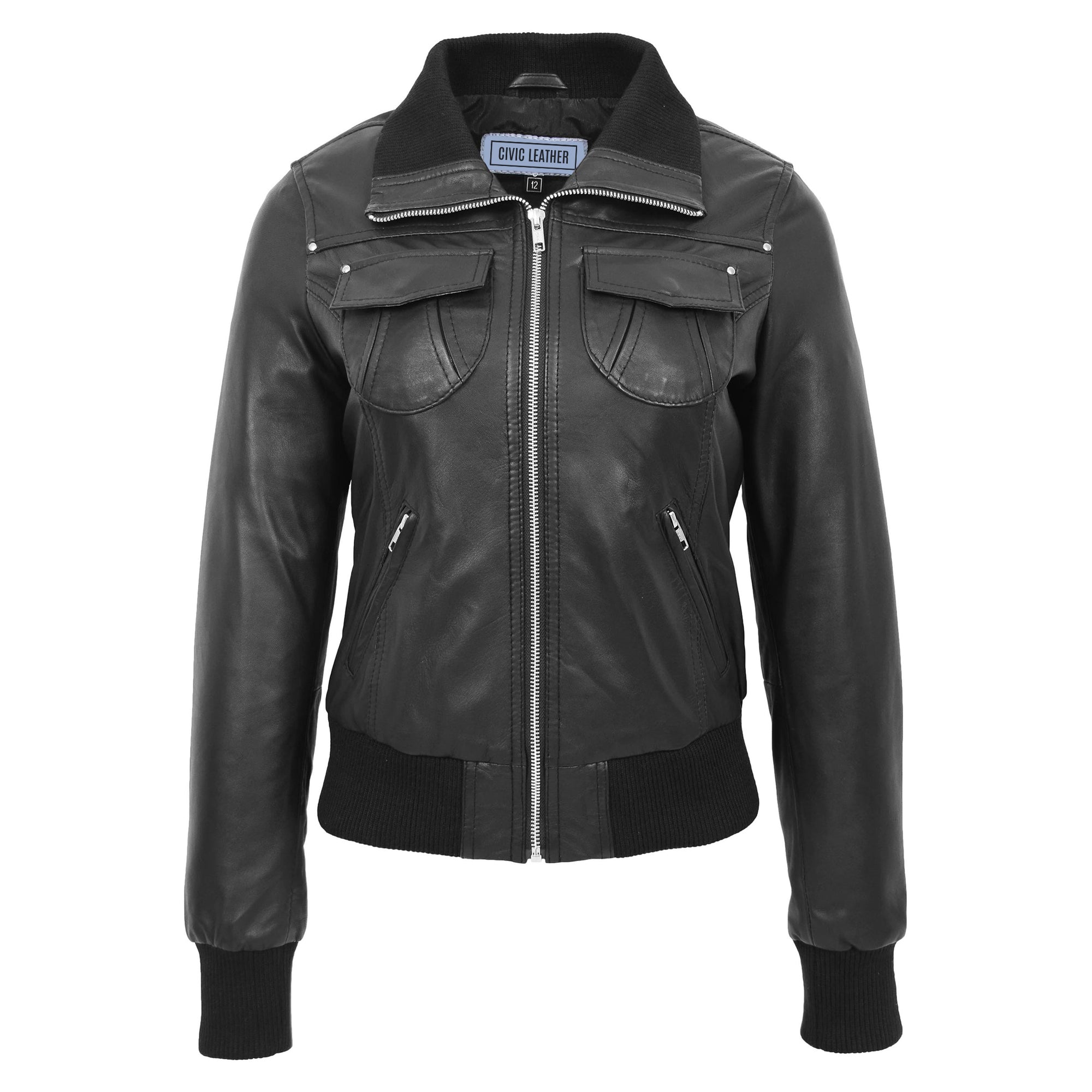 Womens Leather Classic Bomber Jacket Motto Black