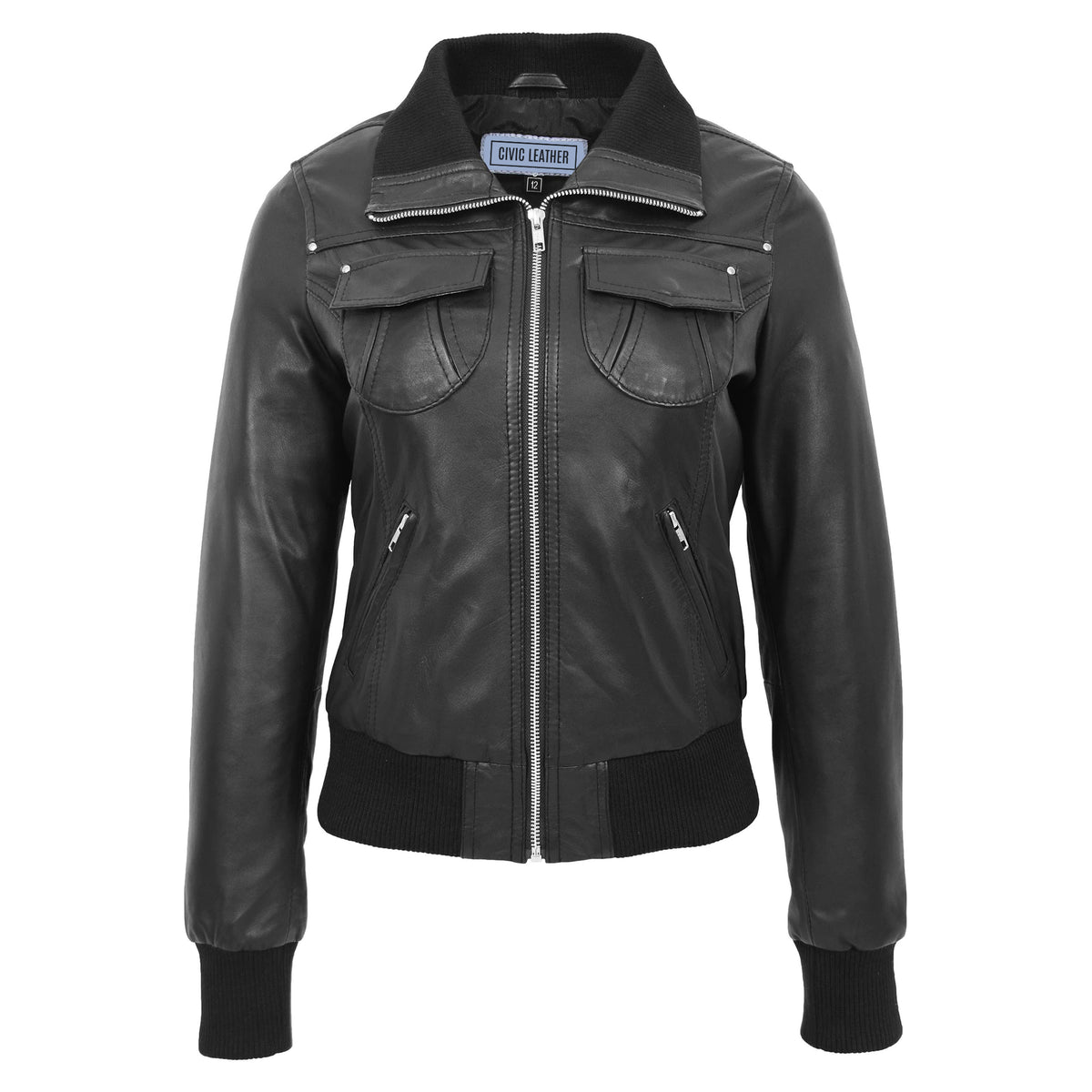 Womens Leather Classic Bomber Jacket Motto Black