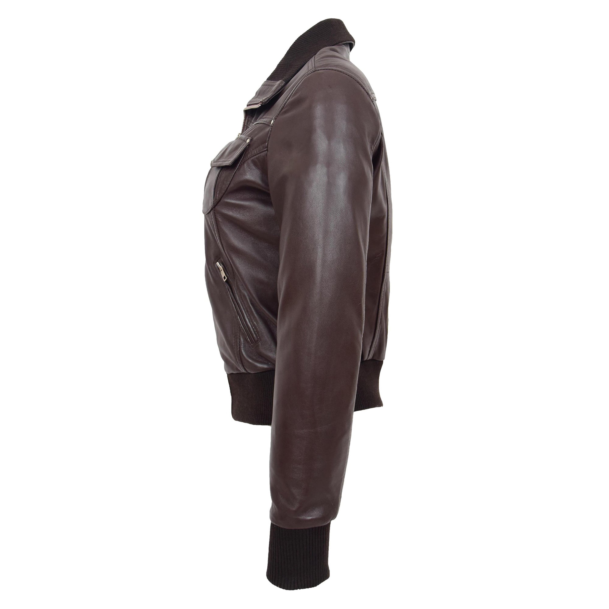 Womens Leather Classic Bomber Jacket Motto Brown