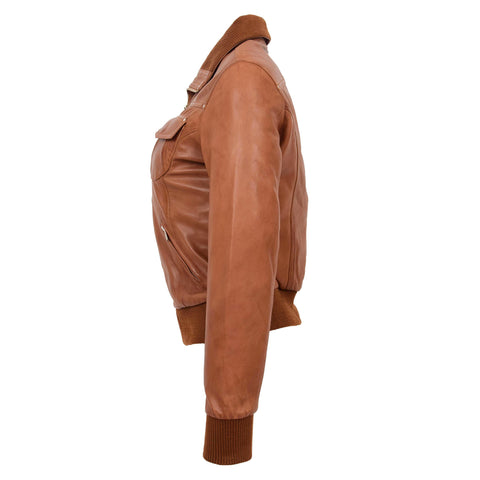 Womens Leather Classic Bomber Jacket Motto Tan