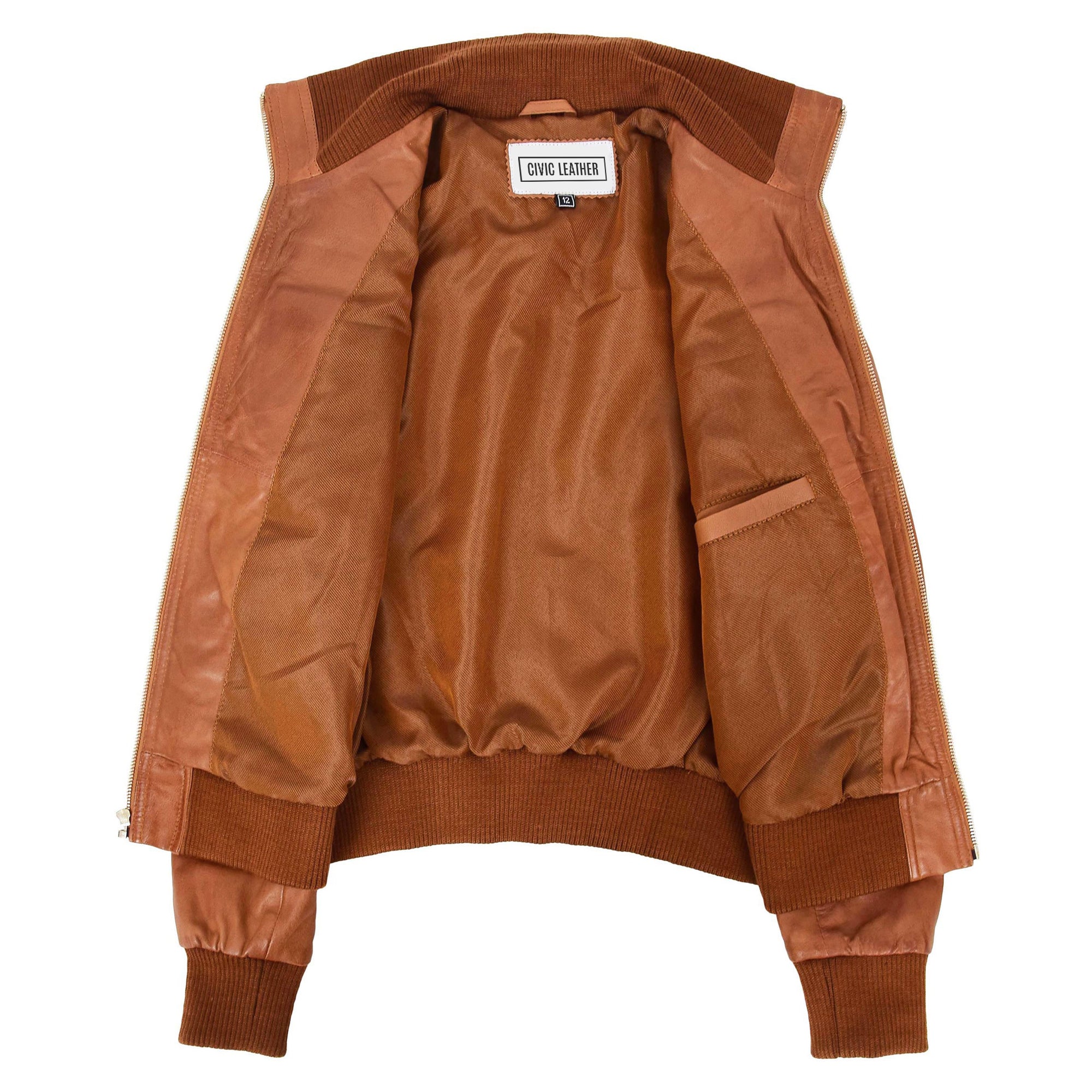 Womens Leather Classic Bomber Jacket Motto Tan