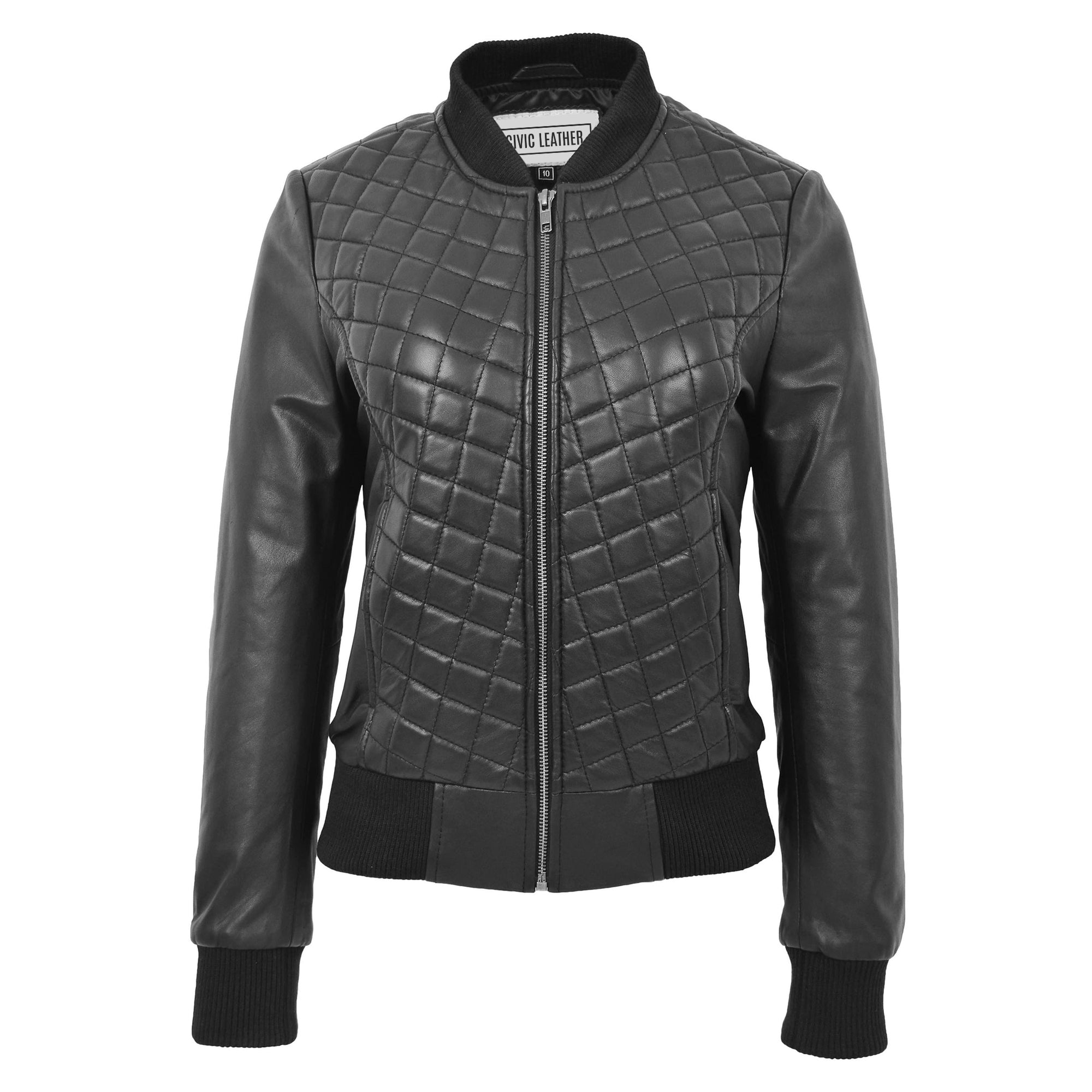 Womens Leather Varsity Quilted Bomber Jacket Sally Black