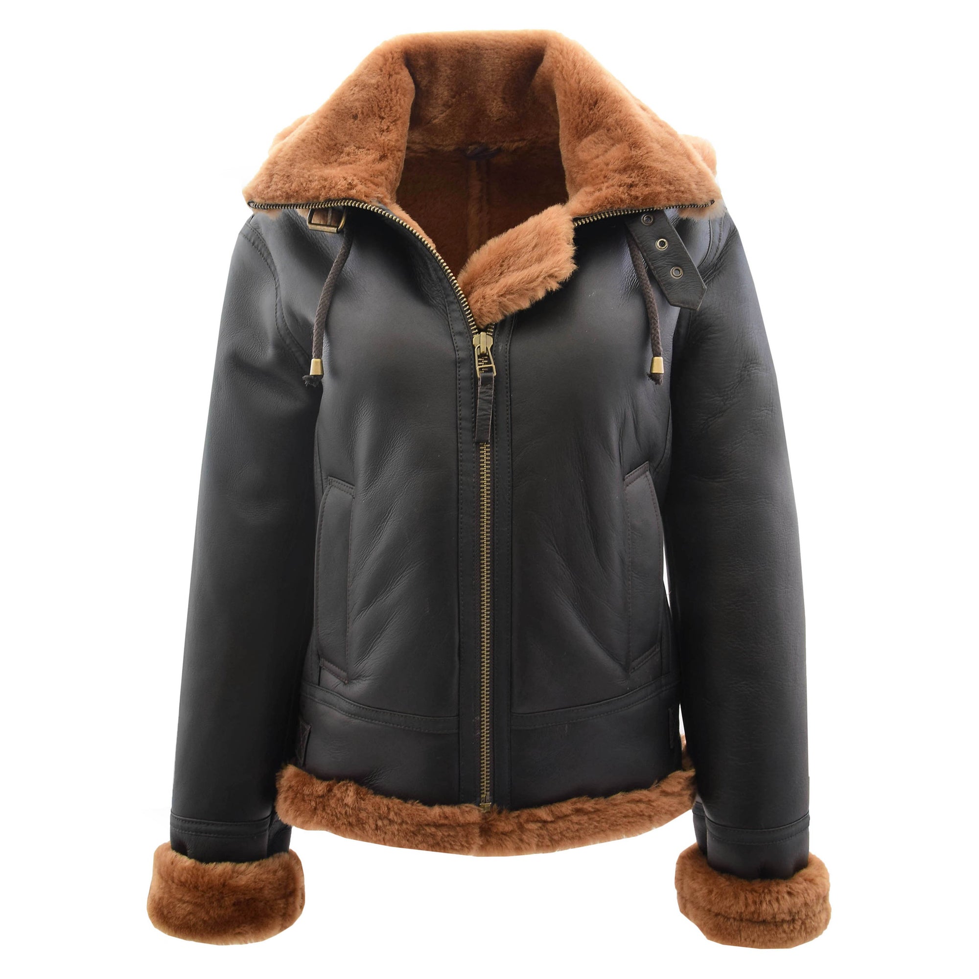 Womens Sheepskin B3 Detachable Hoodie Jacket Naomi Brown Ginger Fur