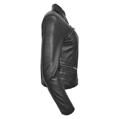 Womens Classic Leather Biker Zip Box Jacket Nova Black