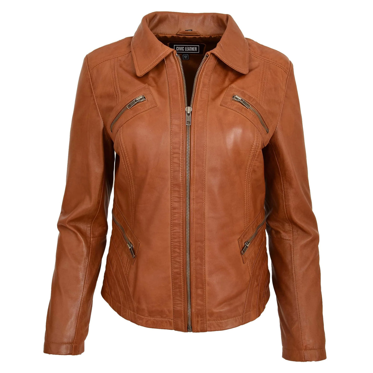 Womens Classic Leather Biker Zip Box Jacket Nova Tan