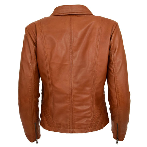 Womens Classic Leather Biker Zip Box Jacket Nova Tan