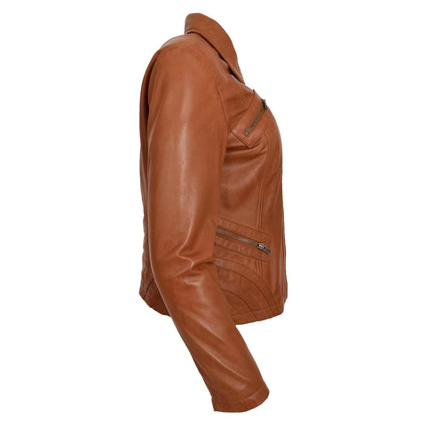 Womens Classic Leather Biker Zip Box Jacket Nova Tan