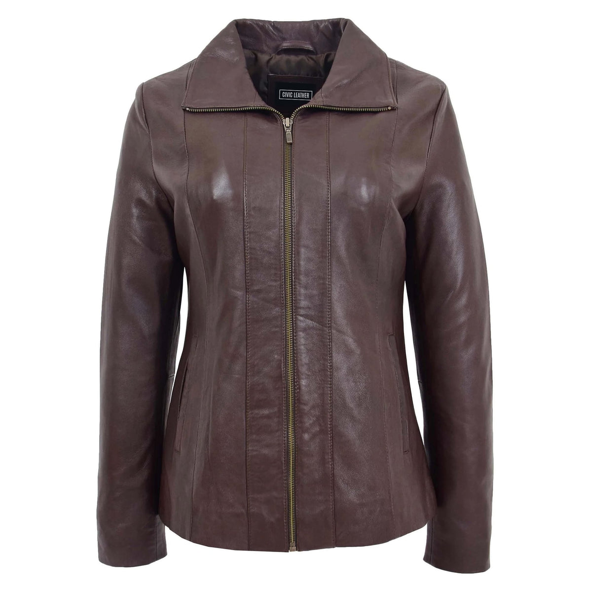 Womens Classic Zip Fastening Leather Jacket Julia Brown