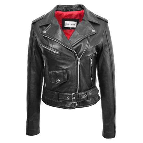 Womens Leather Biker Brando Style Jacket Holly Black