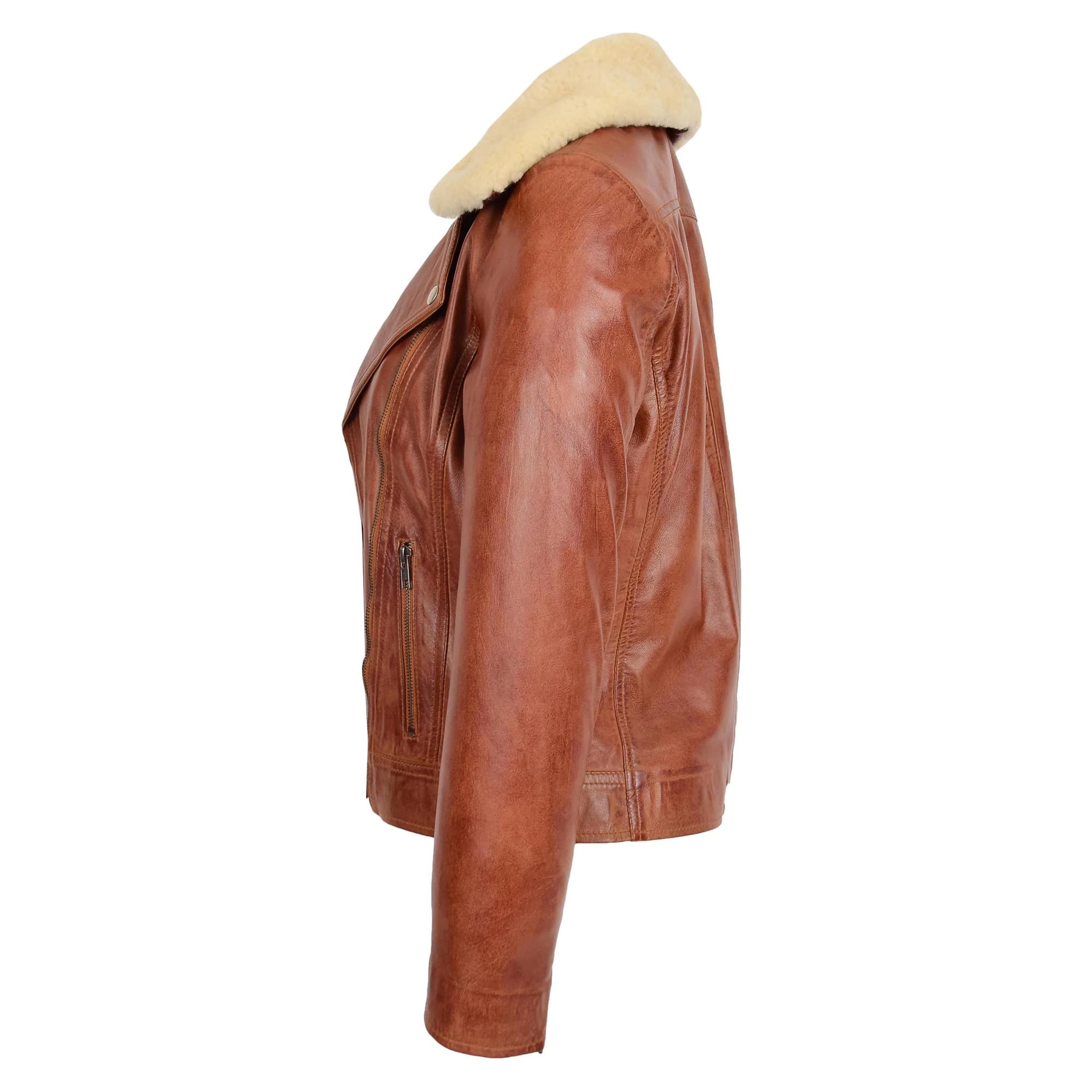 Womens Leather Biker Jacket with Detachable Collar Lauren Chestnut