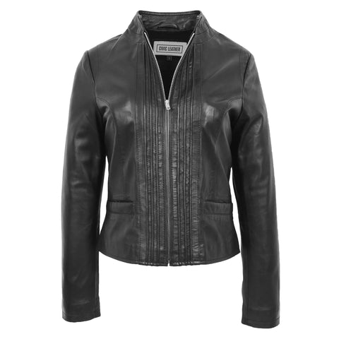 Womens Leather Casual Standing Collar Jacket Ivy Black